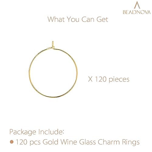BEADNOVA 120 Pcs Gold Plated Wine Glass Charm Rings 25mm Beading Markers for Parties & Weddings