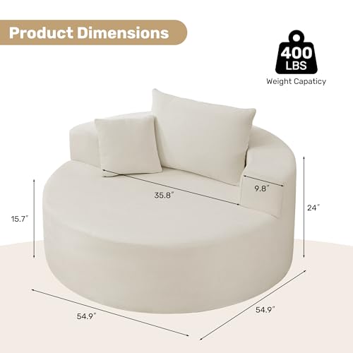 55-Inch Oversized Round Chaise Longue Chair, Upholstered Deep Seat Lounge