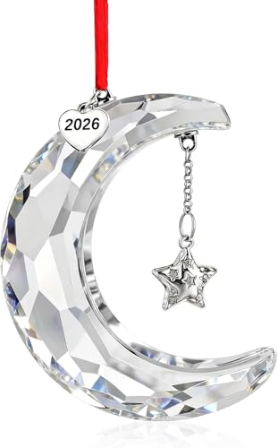 2026 Clear Crystal Moon Hanging Ornament Suncatcher – 3in x 6.4cm, H&D HYALINE & DORA, Includes Gift Box & Ribbon, Variation: Clear Moon Christmas