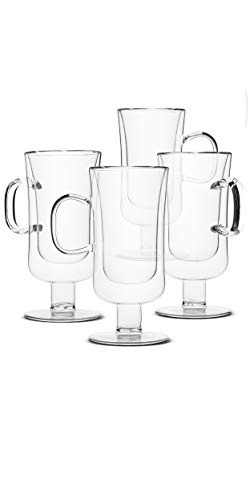 Brew To A Tea Double Walled Glass Irish Coffee Mug Set of 4 - 10 oz Insulated Hot Cold Cups