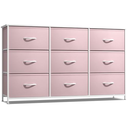 9-Drawer Fabric Dresser with Wood Top, Pink Storage Chest for Bedroom Nursery