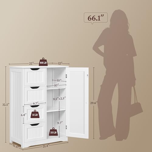 White Bathroom Floor Storage Cabinet with 4 Drawers & Adjustable Shelf