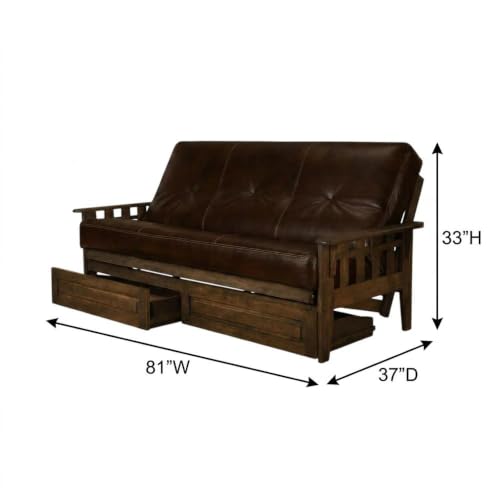 Full Size Futon Sofa Bed with Storage Drawers - Rustic Walnut Finish
