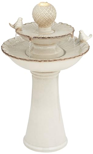 2-Tier Ceramic Outdoor Water Fountain with LED Light, 27-Inch Floor Basin