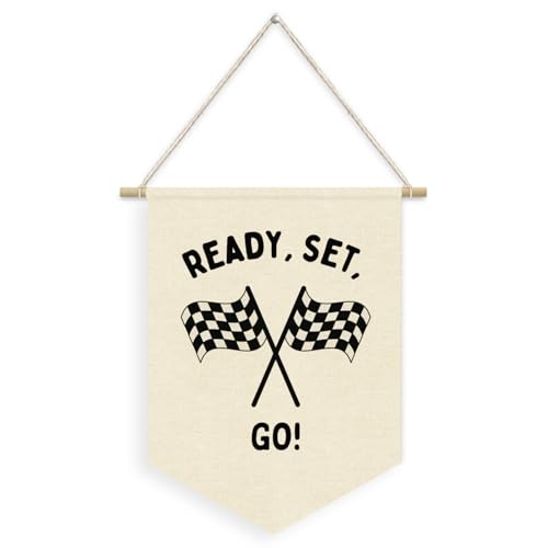 Ready Set Go Race Car Pennant Banner - Linen Wall Hanging for Kids Room