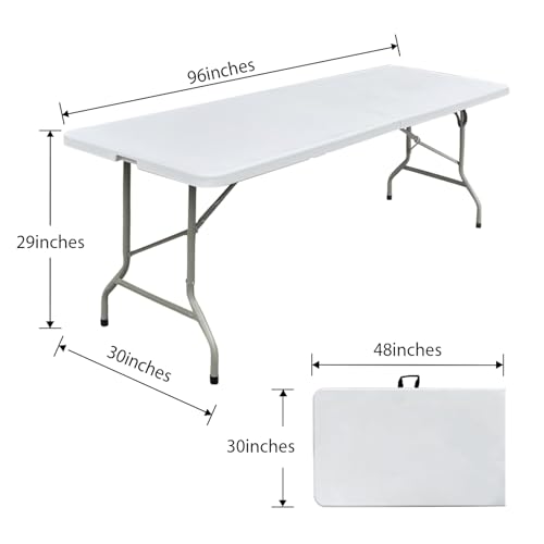 8ft Heavy Duty Folding Table, Portable Fold-in-Half Banquet & Picnic Table