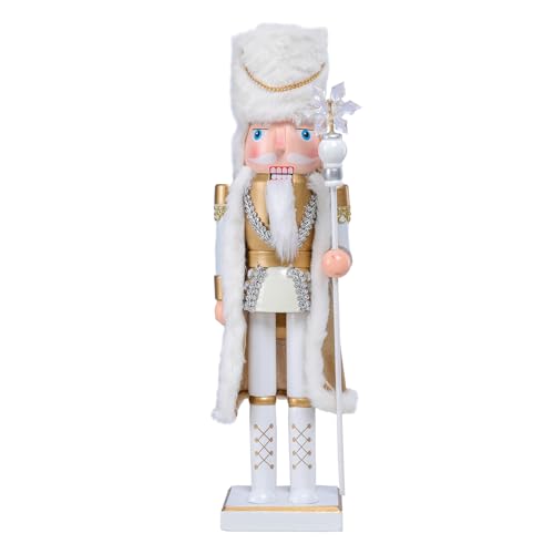 15-Inch Gold Wooden Nutcracker Soldier Figure with White Fur Cape Decor