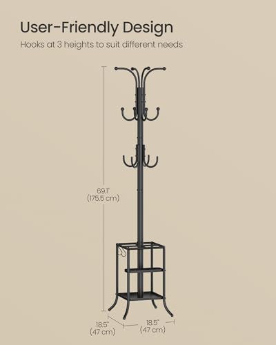 Freestanding Metal Coat Rack with 12 Hooks and Umbrella Holder