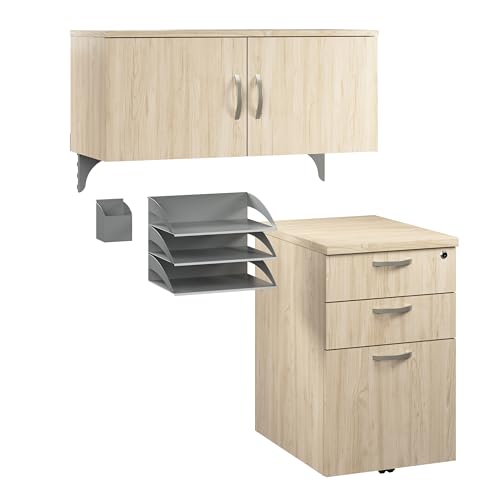 Bush Office Cubicle Storage Hutch with Paper Trays & Pencil Holder, Natural Elm