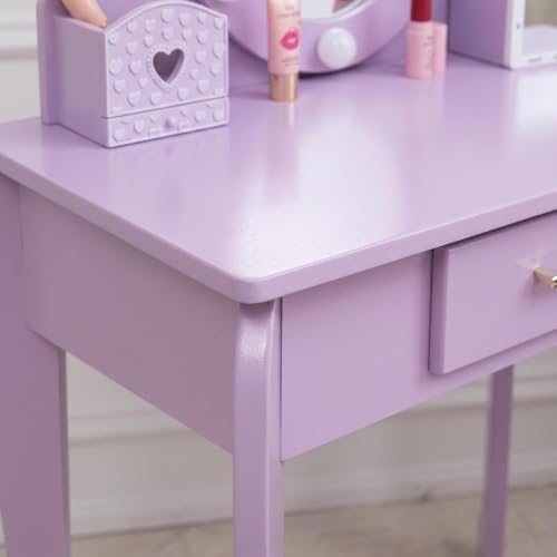 Kids Purple Vanity Set with LED Lighted Mirror and Stool for Ages 4-8