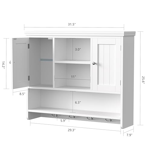 3-Tier Wall Mounted Bathroom Cabinet with Doors and Hooks, White Storage Shelf