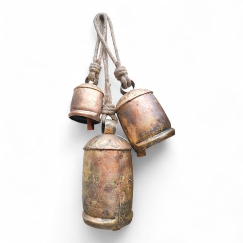 Set of 3 Large Metal Christmas Bells – Rustic Brass Gold Handcrafted Wall Hanging Cow Bells