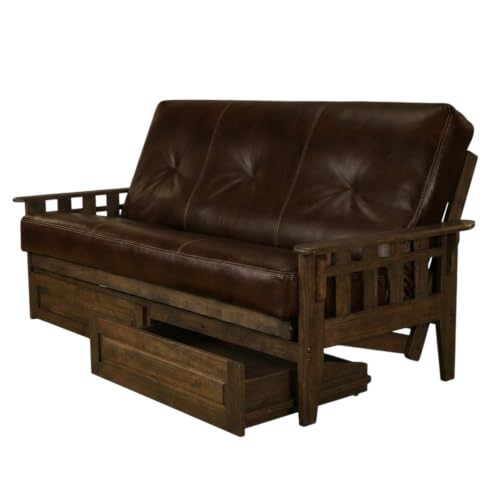 Full Size Futon Sofa Bed with Storage Drawers - Rustic Walnut Finish