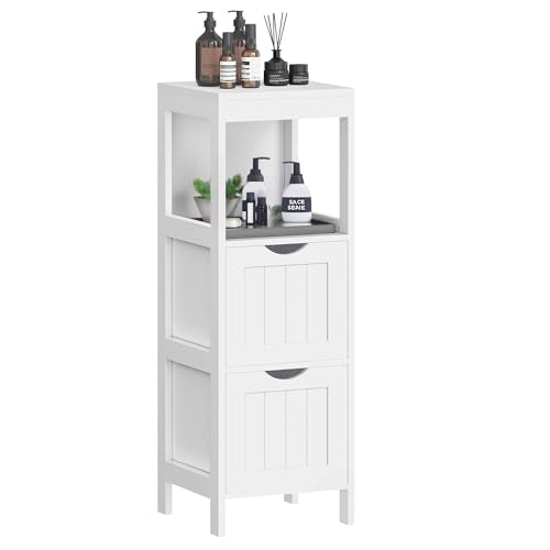 Slim Bathroom Floor Cabinet with 2 Drawers and Open Shelf, 35-Inch White