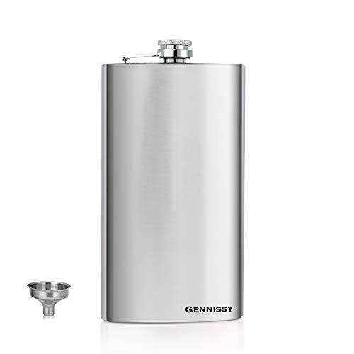 GENNISSY 10oz Silver Stainless Steel Hip Flask Leakproof with Funnel & Never Lose Cap Gift for Men Women