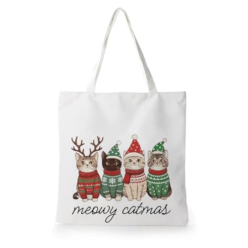 Christmas Tote Bag Reindeer Santa Kitty Canvas Shopping Bag for Women Men - Funny Holiday Gift