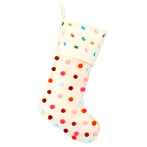 Hopearl Pom Pom Christmas Stocking - Boho Style 18'' Fireplace Sock, Cream, Style 1