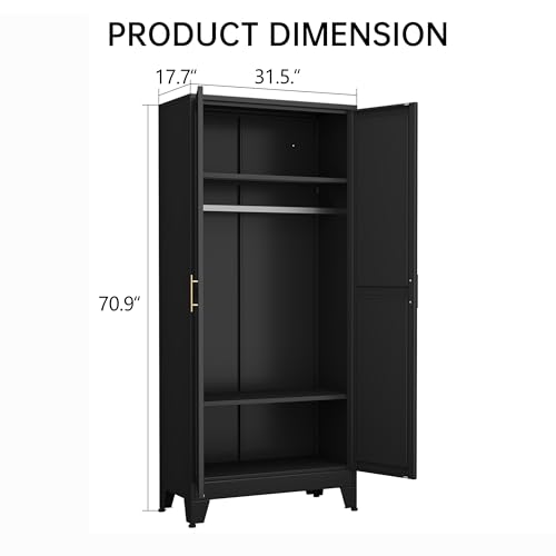 71-Inch Metal Wardrobe Closet with Hanging Rod, Shelves, and Drawers