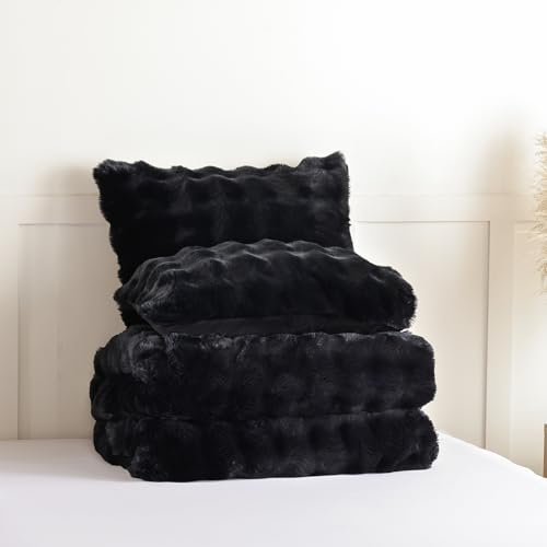 Queen Faux Fur Comforter Set - Soft Fluffy Black Bedding (3-Piece)