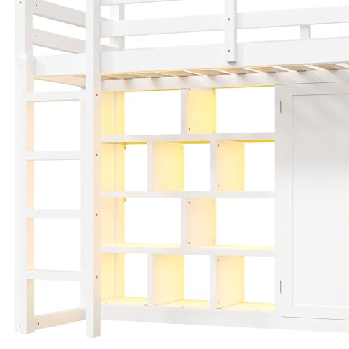 Twin Size Wood House Loft Bed with Wardrobe, Slide, and LED Lights