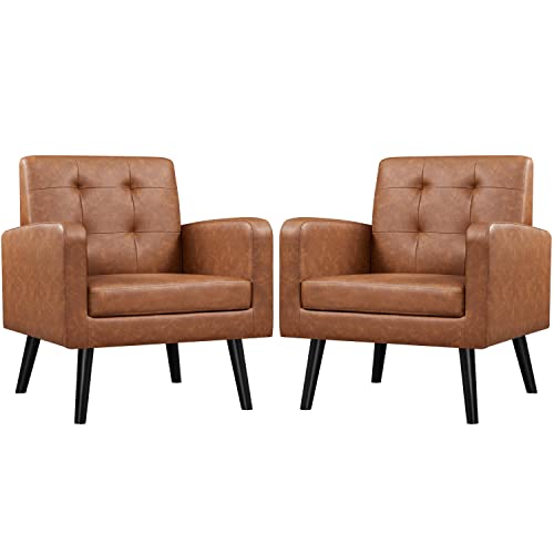 Mid-Century Faux Leather Accent Chairs, Set of 2, Brown Upholstered Armchairs