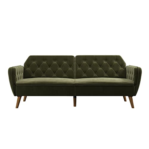 Green Velvet Memory Foam Convertible Futon Sofa Bed with Button Tufting