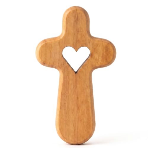 YOYAI 2.5-Inch Olive Wood Prayer Cross with Heart Cutout - Handheld Clinging Cross, Style B