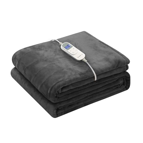 Electric Heated Blanket, Fast-Heating Flannel Throw, 72"x84", 10 Settings, Auto Shut Off - Grey
