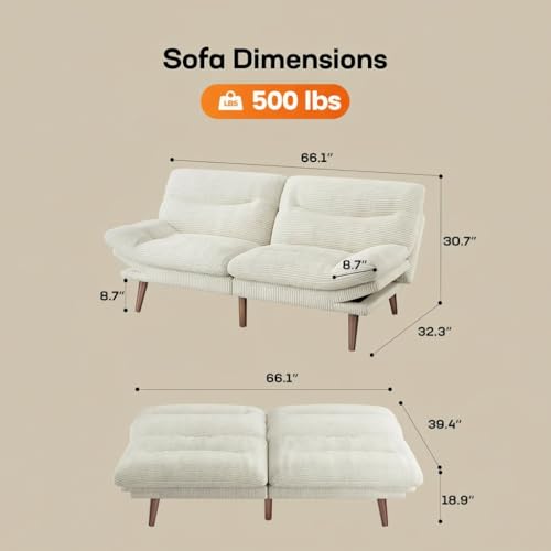 66-Inch Corduroy Convertible Futon Sofa Bed with Adjustable Backrest