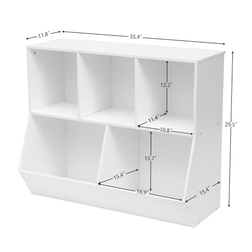 Kids Bookshelf and Toy Storage Organizer with 5 Cubbies, White