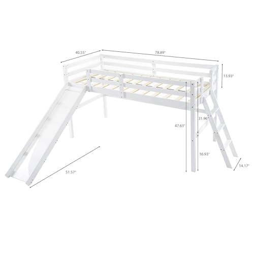 Twin Low Loft Bed with Slide for Kids, Sturdy Pinewood Frame with Guardrail