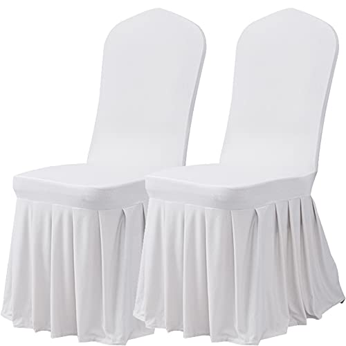 Stretch Dining Room Chair Covers Set of 2 - White Spandex Slipcovers with Skirt