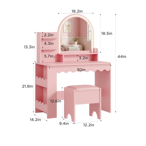 Kids Vanity Desk with LED Mirror, Bookshelf, and Chair Set - Pink