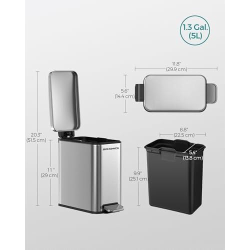 SONGMICS Bathroom Trash Can, 1.3 Gallon (5 L) Small Trash Bin with Lid, Slim for Small Spaces, Stainless Steel Garbage Can, Soft Close, Silver ULTB560E05