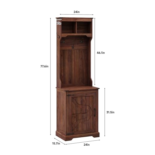 Farmhouse Hall Tree with Shoe Storage Bench, 6 Cubbies & 4 Coat Hooks, Brown