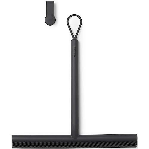 Brabantia Silicone Shower Squeegee with Hook (Dark Gray) Anti Streak Cleaning Wiper for Bathroom Glass, Plastic, Tile - Doublesided Brush & Rim Design