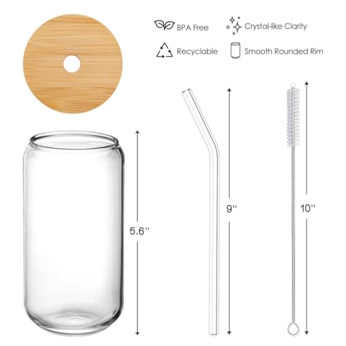 16 oz Glass Cups with Bamboo Lids and Straws - 4 Piece Iced Coffee Glass Set