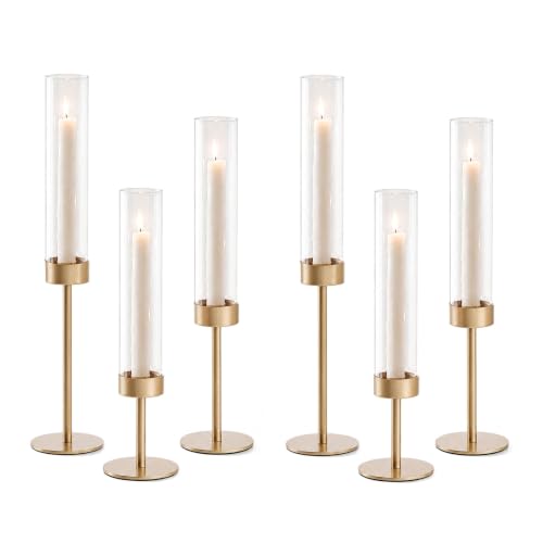 POKINE Gold Candle Holders Set of 6 for Taper Candles – 18.9/16.5/14.9 in Varied Heights (Variation 6)