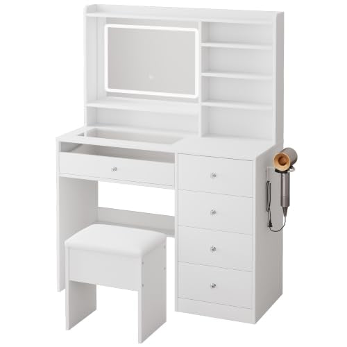 39.4-Inch Vanity Desk with Glass Top, LED Mirror, Charging Station & Stool