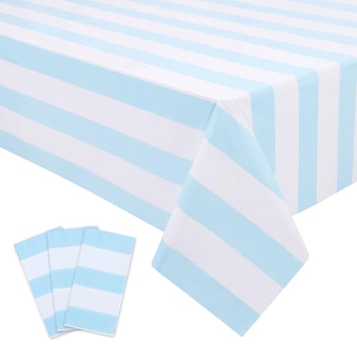 Light Blue Striped Disposable Tablecloths - 54x108 Inch, 3 Pack