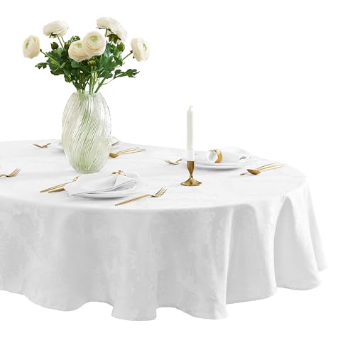 Newbridge Barcelona Damask Oval Tablecloth 60 x 102 Inch White - No Iron, Soil Resistant