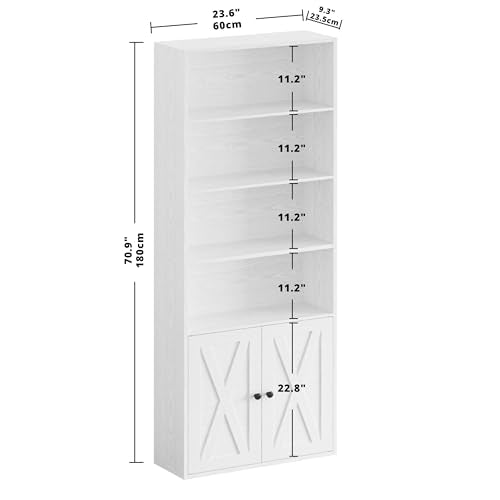 6-Tier Industrial Bookcase with Doors, 70-Inch Tall Storage Display Shelf
