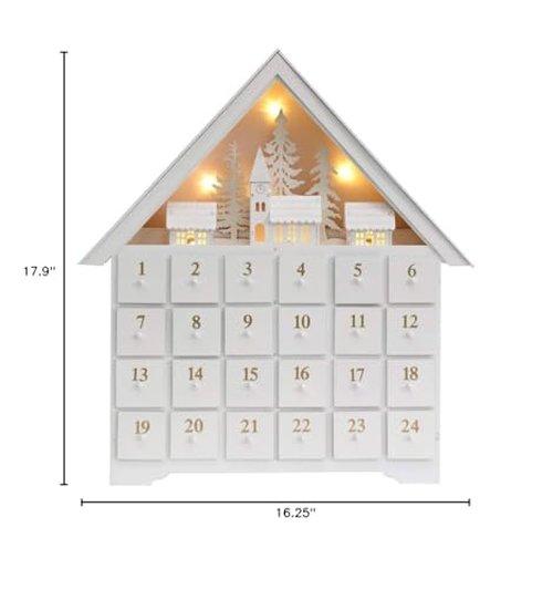 PIONEER-EFFORT Christmas Wooden Advent Calendar House with 24 Drawers, Countdown to Christmas for Kids, LED Home Decoration, L16.25 x H17.9 x T2.87 inches, Battery Operated