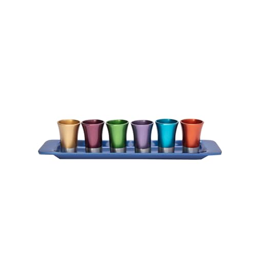 6-Piece Aluminum Kiddush Cup Set with Serving Tray, Multicolor