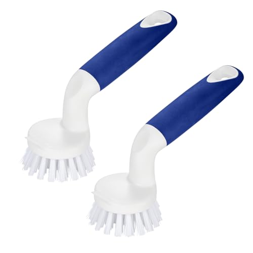 2-Pack Kitchen Dish Brush with Handle & Built-In Scraper for Sink & Tile