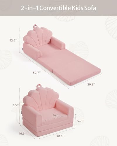 2-in-1 Foldable Kids Sofa Chair - Pink Shell Foam Convertible Play Couch