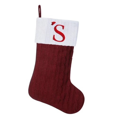 19.5in Burgundy Knit Christmas Stocking with Monogram Initial S - Embroidered Initial
