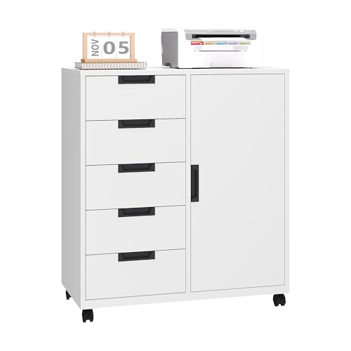5-Drawer Metal Rolling Storage Cabinet with Adjustable Shelf - White