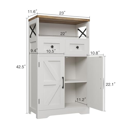 Farmhouse Storage Cabinet with 2 Drawers and Barn Doors, White Pantry