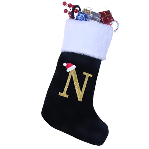 Sailup 20in Monogram Christmas Stocking N - Black Velvet with Plush Cuff, Large Letter N
